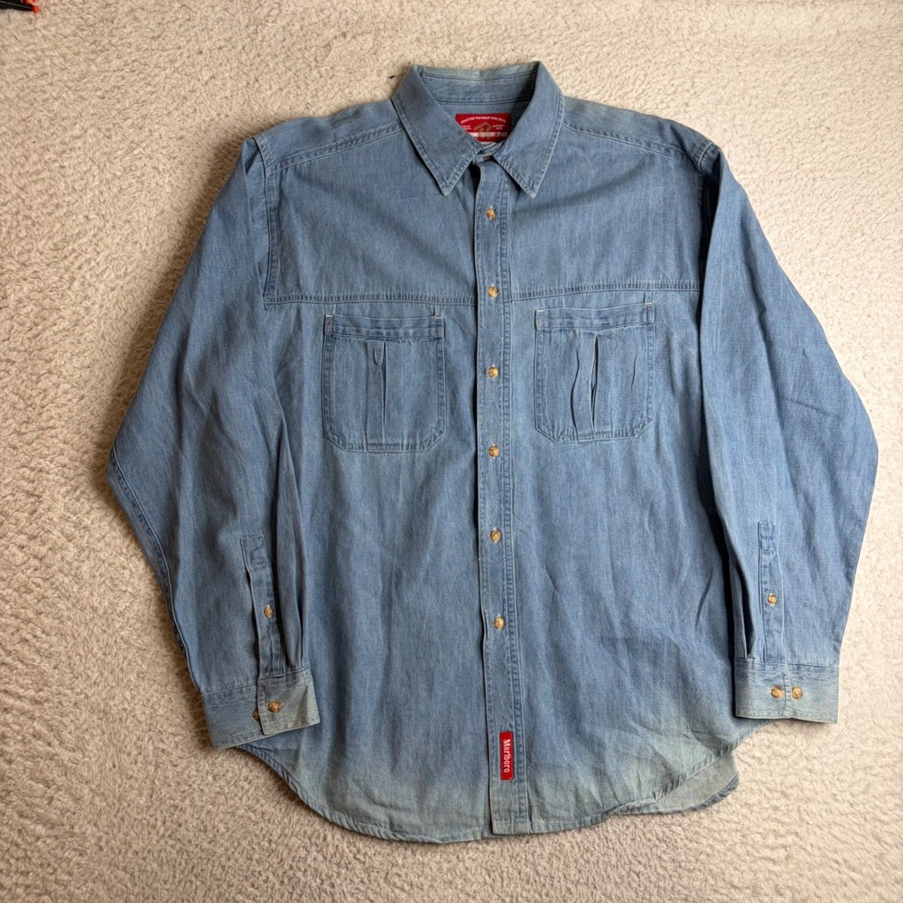 Vintage Marlboro Country Store Denim Shirt Mens Large Blue Long Sleeve Cotton